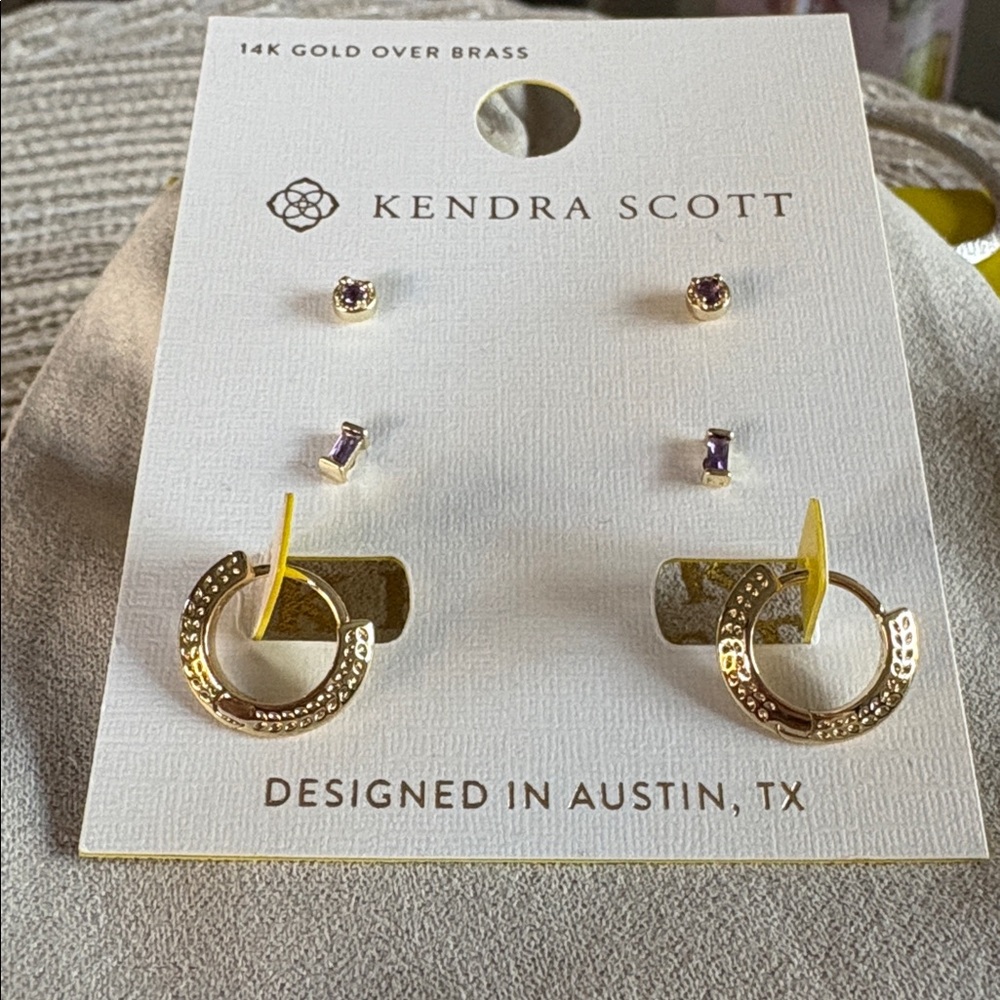 - Kendra Scott Mandy Stud Earring Set 3pc Gold/Purple new - Picture 5 of 5